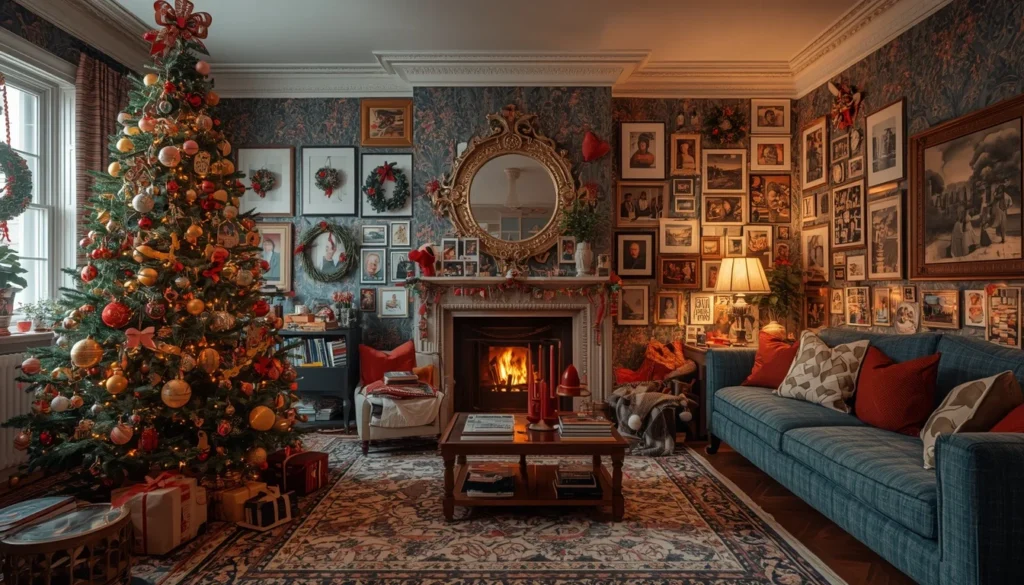maximalist eclectic decorating living room christmas ideas — colourful tree with heirlooms, gallery wall and layered Christmas abundance