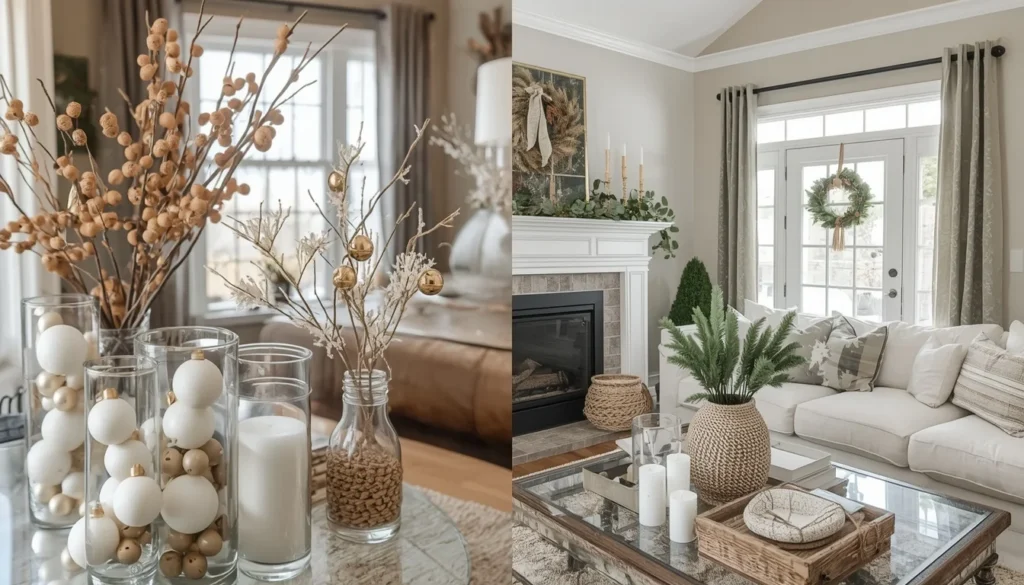  budget decorating living room christmas ideas — dollar store christmas ornaments styled elegantly in glass vases with simple garland