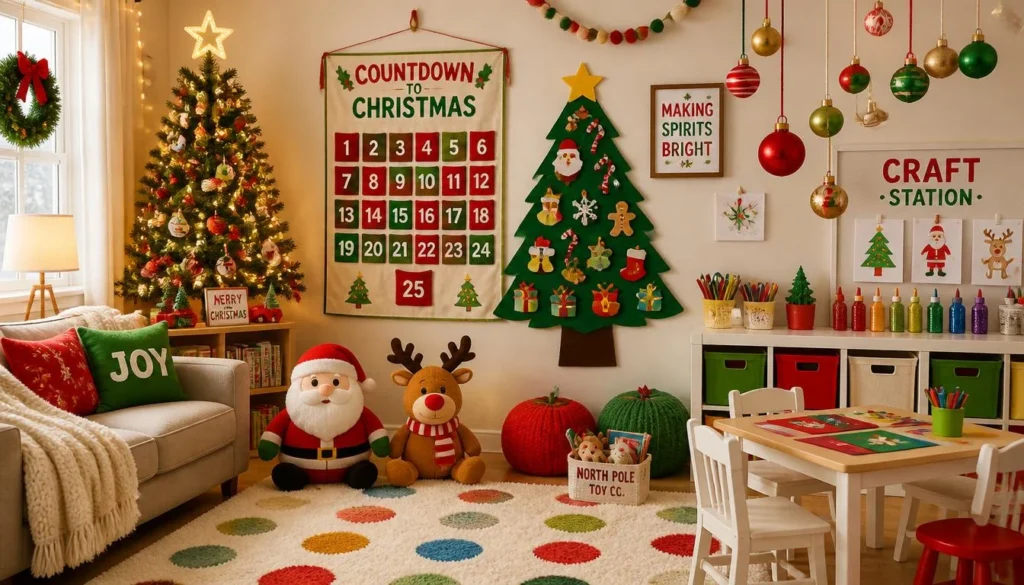 kid-friendly decorating living room christmas ideas — felt wall tree, advent calendar, soft ornaments and craft corner for children