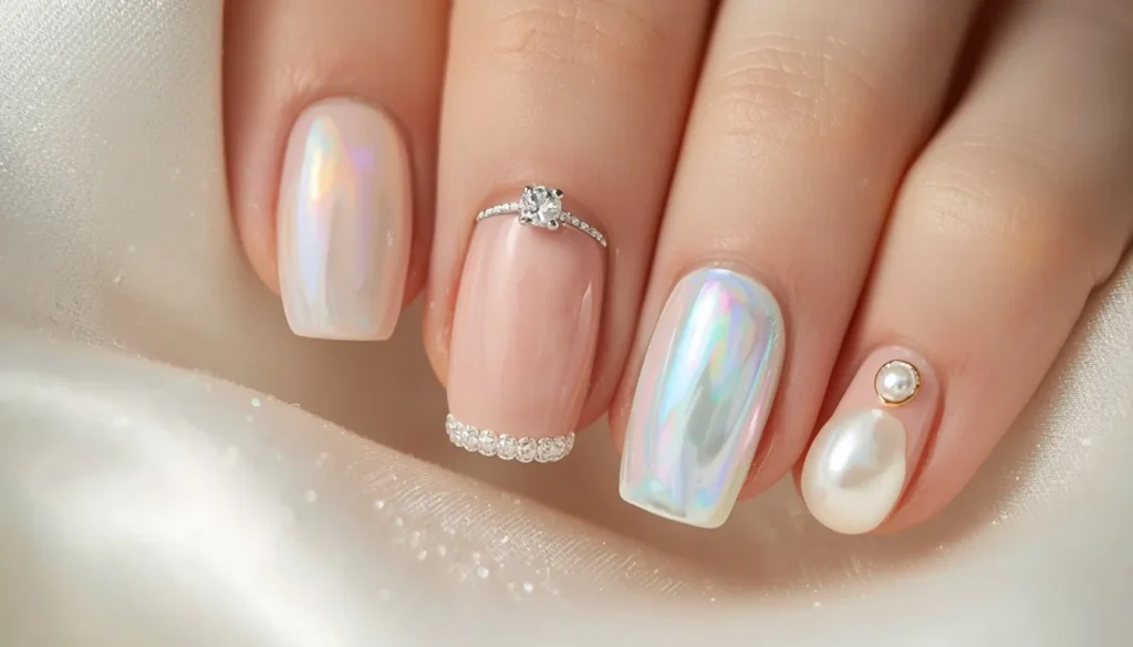 Pearl engagement nail ideas 2026 — iridescent pearl, pearl beads, shell nails bridal