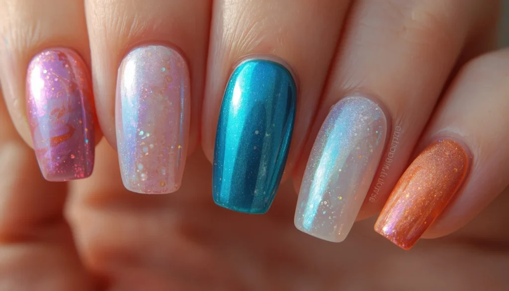 Aurora aura engagement nail ideas 2026 — pink purple green champagne swirl chrome