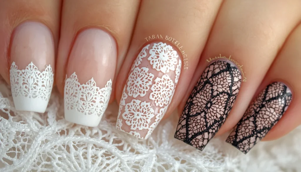 Lace effect engagement nail art 2026 — bridal lace, scalloped, vintage lace nail designs