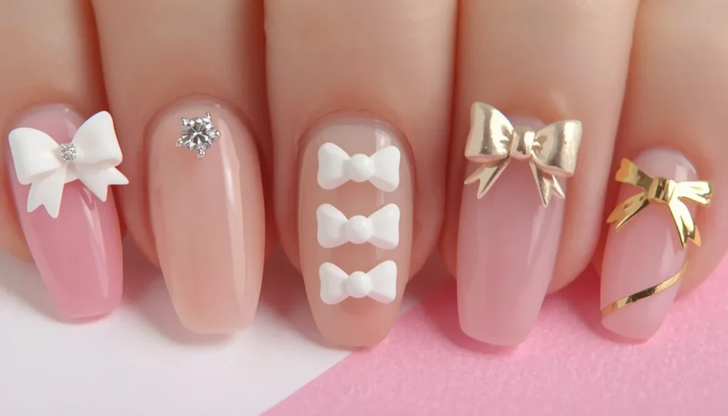 Bow nail art engagement ideas 2026 — 3D bow, painted bow, statement bow bridal nails
