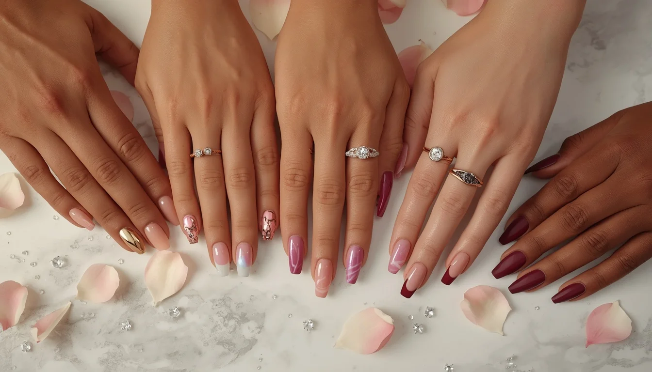 200+ engagement nail ideas 2026 — top bridal nail styles flat lay with engagement rings