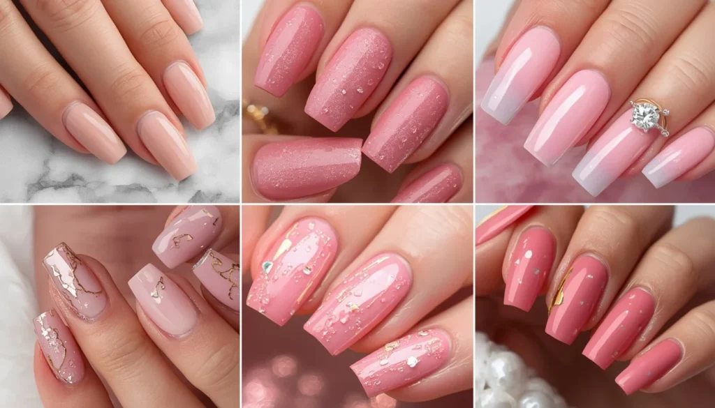 Pink engagement nail ideas 2026 — blush, rose, mauve, hot pink variation styles with rings