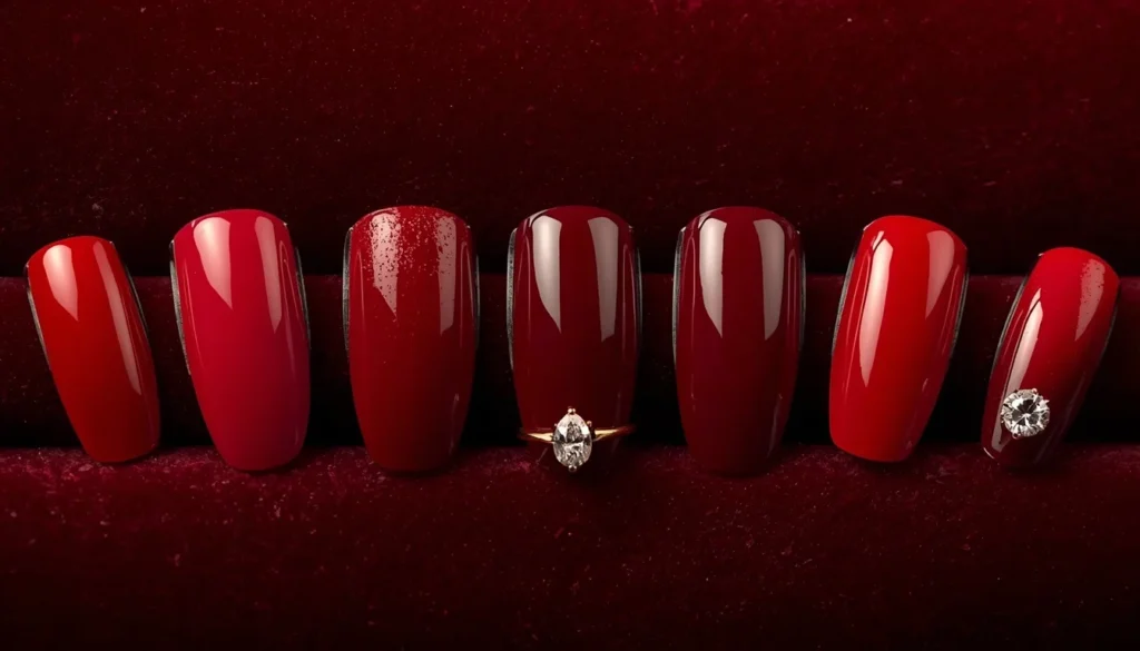 Red and berry engagement nail ideas 2026 — cherry cola, crimson, raspberry variations