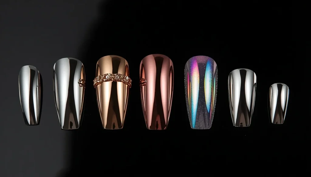Chrome mirror engagement nail ideas 2026 — silver, rose gold, holographic chrome styles