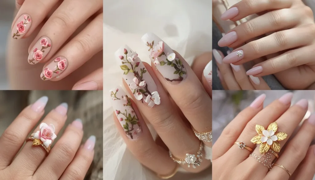 Floral engagement nail art ideas 2026 — roses, cherry blossoms, wildflowers, 3D flowers