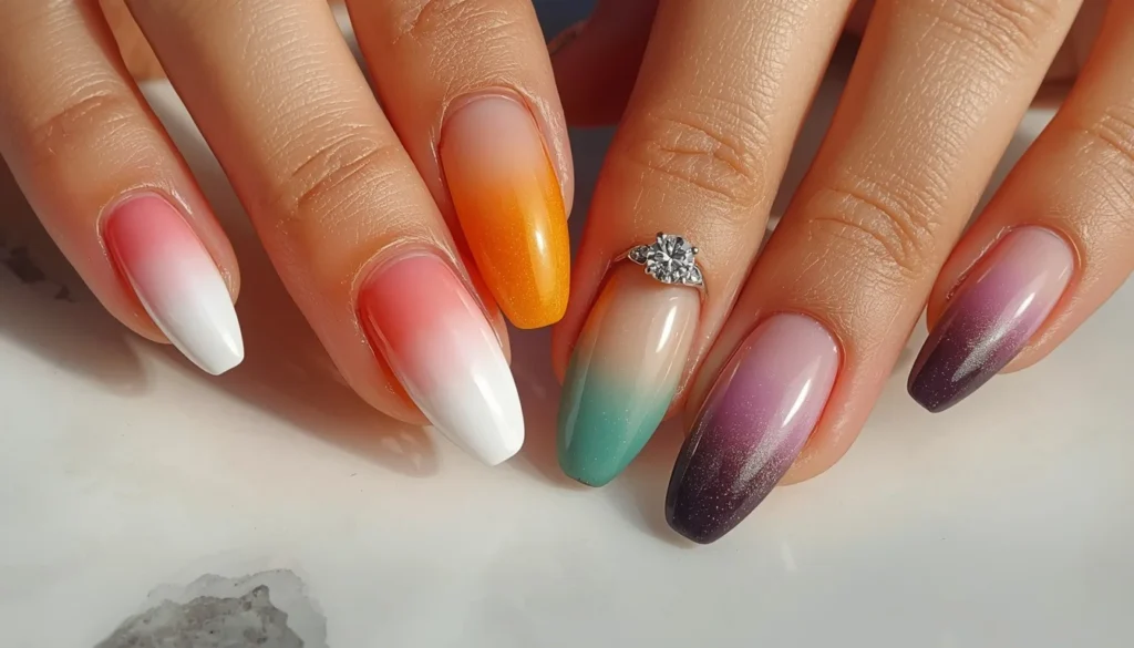 Ombre gradient engagement nail ideas 2026 — baby boomer, sunset, lavender ombre styles