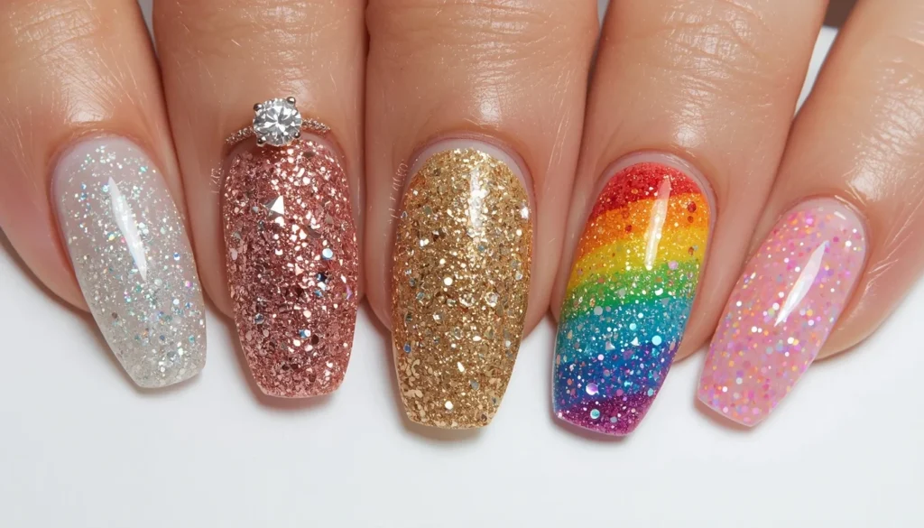 Glitter engagement nail ideas 2026 — silver, gold, rose gold, holographic glitter styles