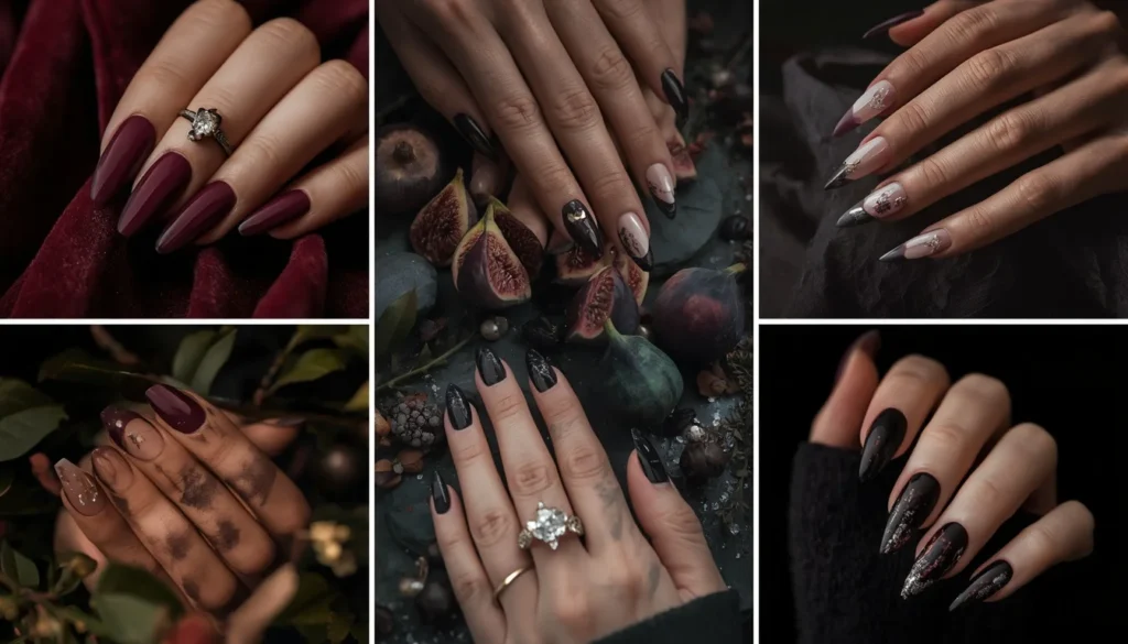 Dark romance engagement nail ideas 2026 — burgundy, plum, oxblood, dark floral nails