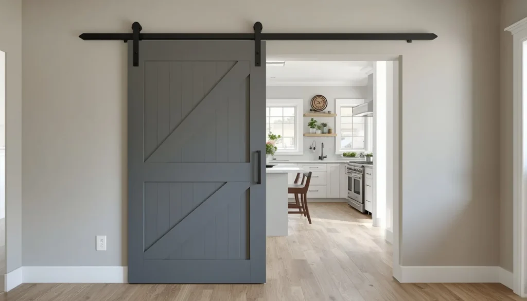 Painted barn door pantry in a farmhouse kitchen with modern matte black sliding track hardware