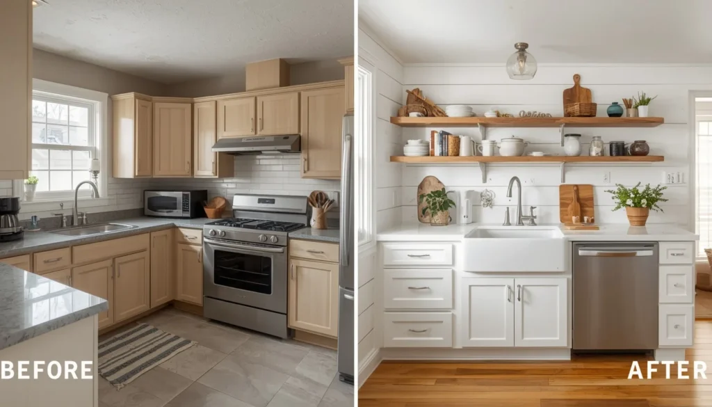 Farmhouse kitchen before and after transformation showing the dramatic difference