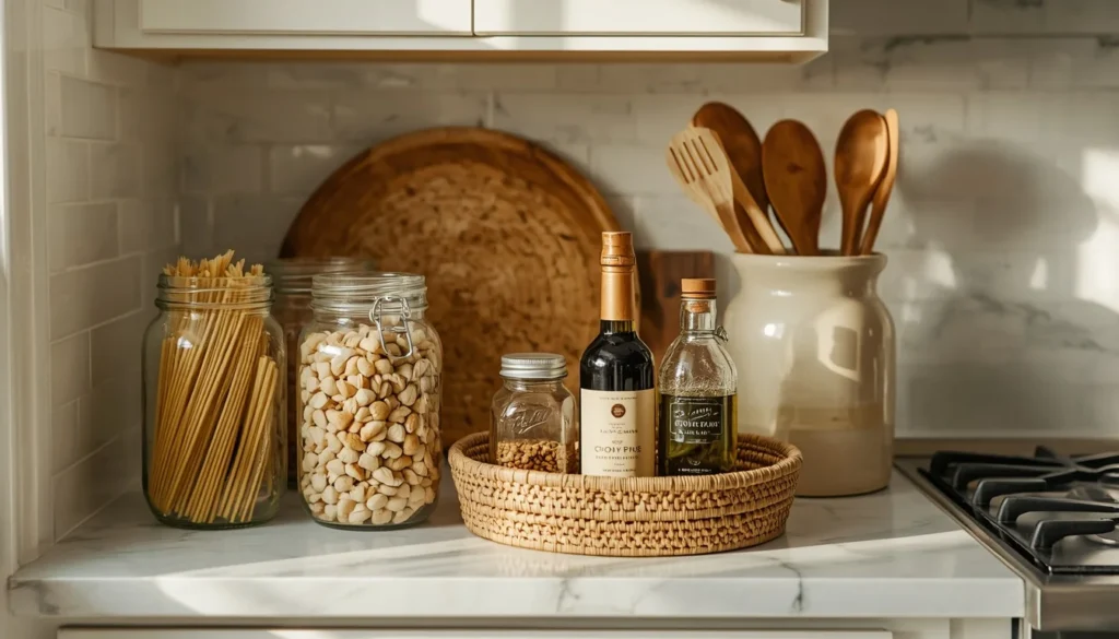 Mason jars and wicker organizers on farmhouse kitchen counter for rustic organized styling