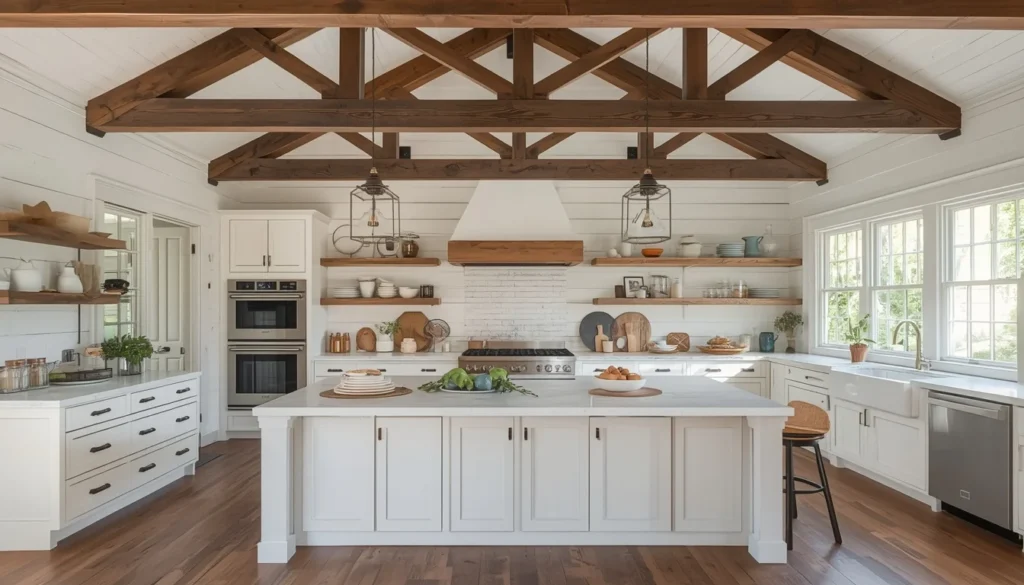 Exposed wood beam ceiling in farmhouse kitchen creating rustic architectural character