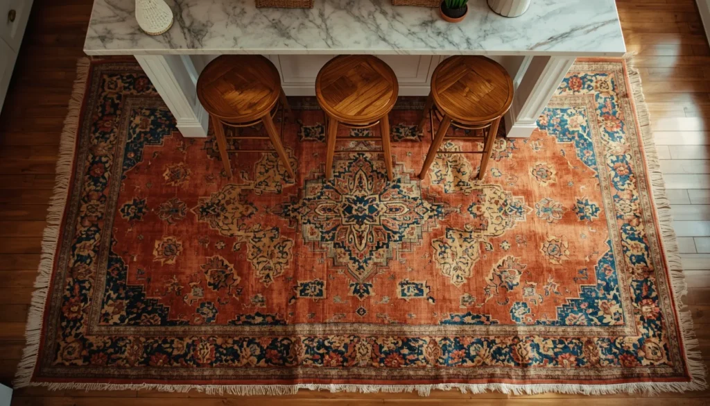 Vintage rug under farmhouse kitchen island adding warmth and texture to the space