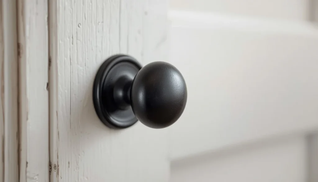 Matte black cast iron cabinet hardware on white farmhouse kitchen cabinets