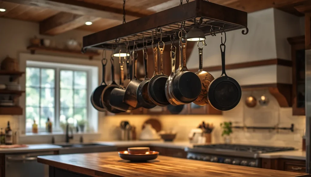 Hanging pot rack above farmhouse kitchen island with cast iron and copper cookware