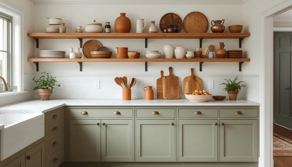 Sage green and warm wood color palette in a 2026 farmhouse kitchen