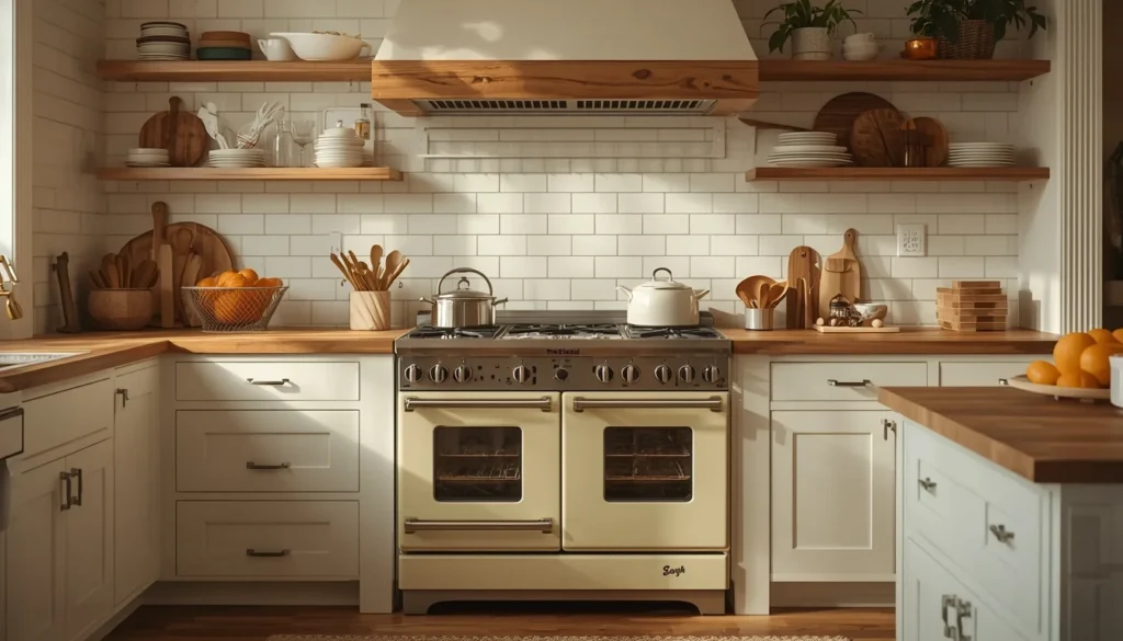 Smart appliance in cream farmhouse finish blending technology and farmhouse kitchen aesthetics