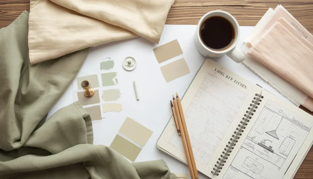 Planning a farmhouse kitchen makeover with paint swatches hardware samples and fabric choices