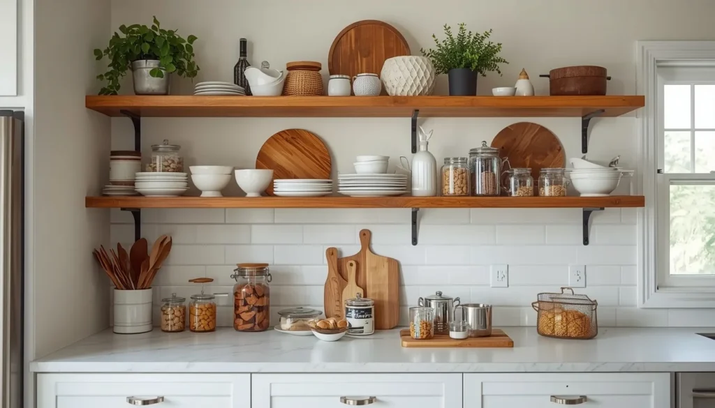 Honest look at over-styled open shelves in a farmhouse kitchen showing real-life balance