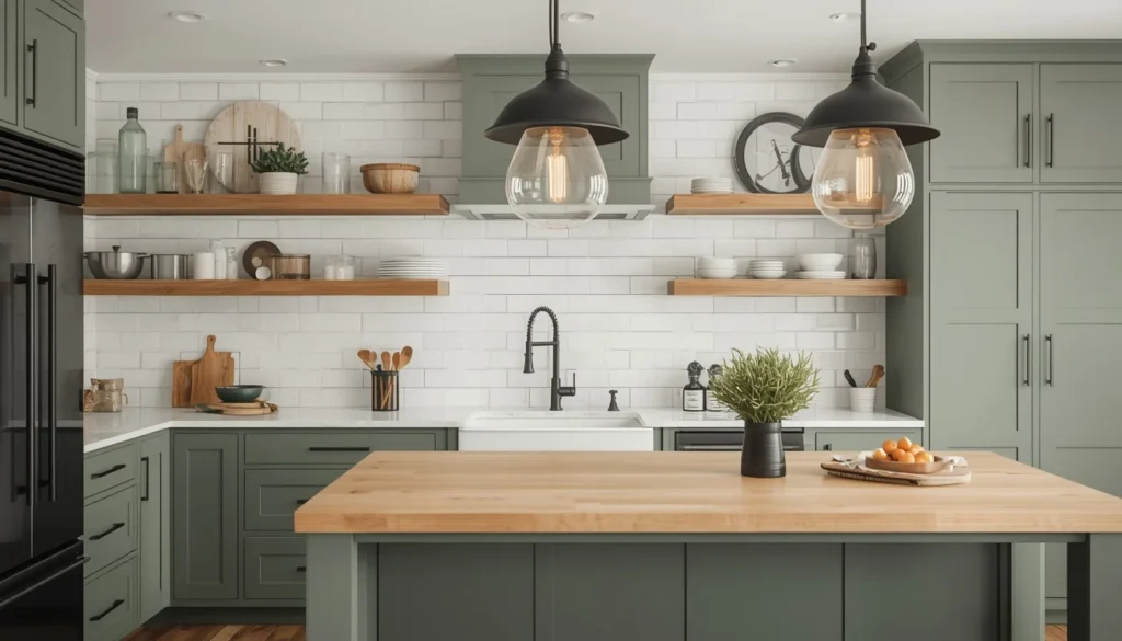 Modern farmhouse kitchen design with sage green cabinets and mixed material elements for 2026