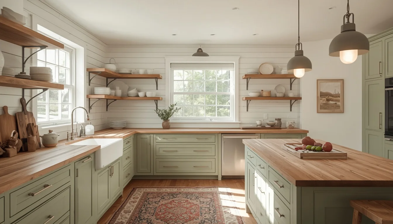 Farmhouse kitchen with white shiplap, sage green cabinets, butcher block countertops and apron sink