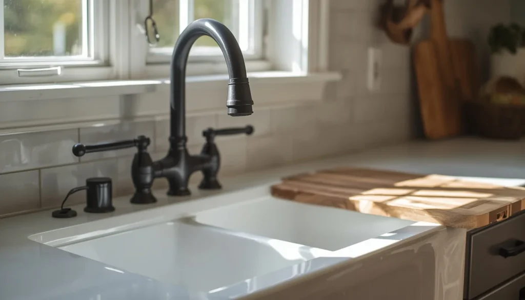Apron front farmhouse sink with matte black faucet as a centerpiece of farmhouse kitchen design