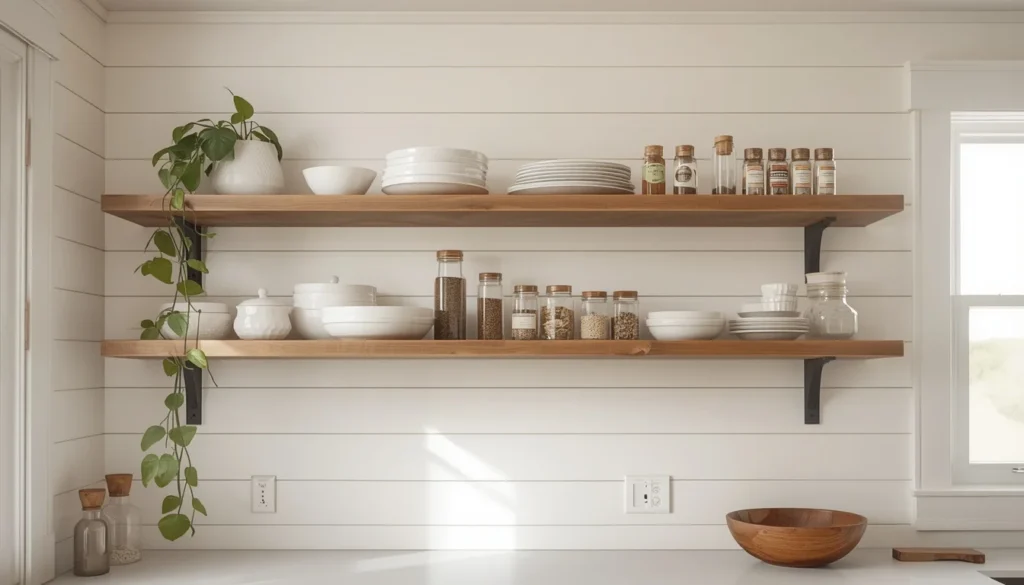 Open wood shelving in farmhouse kitchen with organized ceramic dishes and natural decor