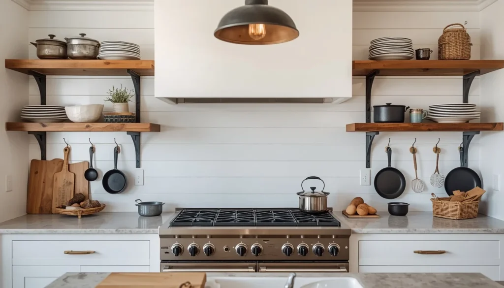 White shiplap accent wall behind range in a classic farmhouse kitchen design
