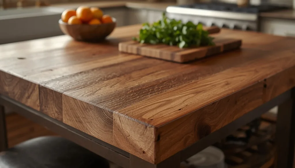 Butcher block countertop in farmhouse kitchen with natural wood grain and rustic character