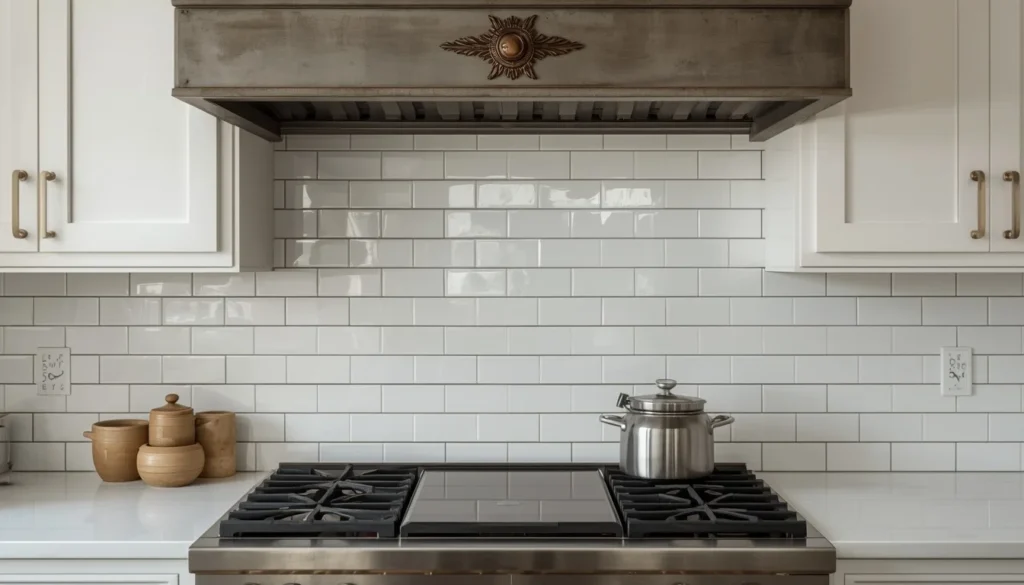 White subway tile with warm gray grout as farmhouse kitchen backsplash