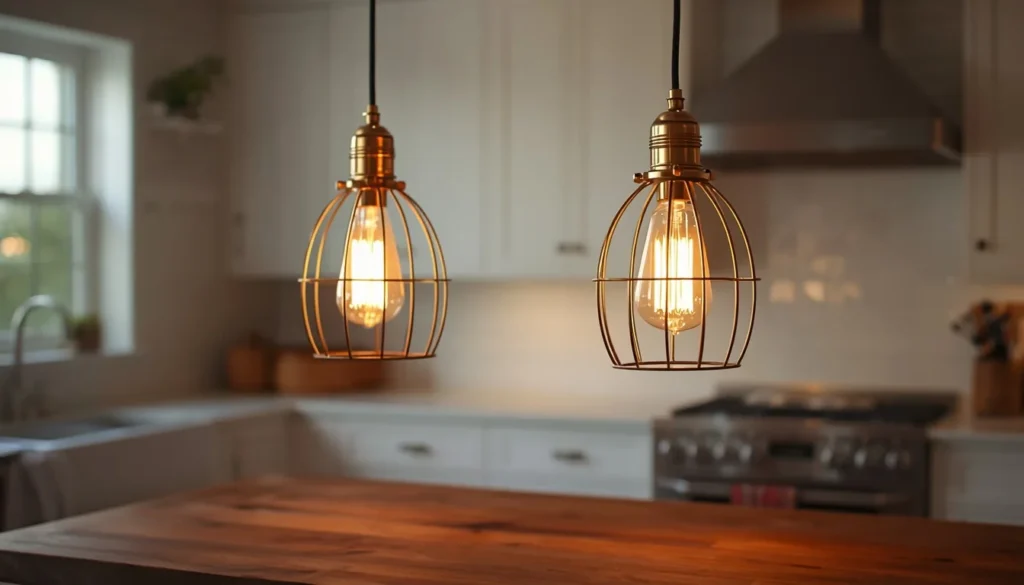 Vintage pendant lights over farmhouse kitchen island with warm Edison bulb glow