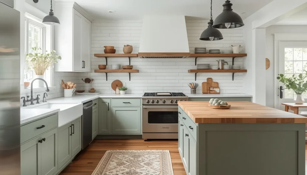 Painted sage green cabinets in a farmhouse kitchen with matte black hardware