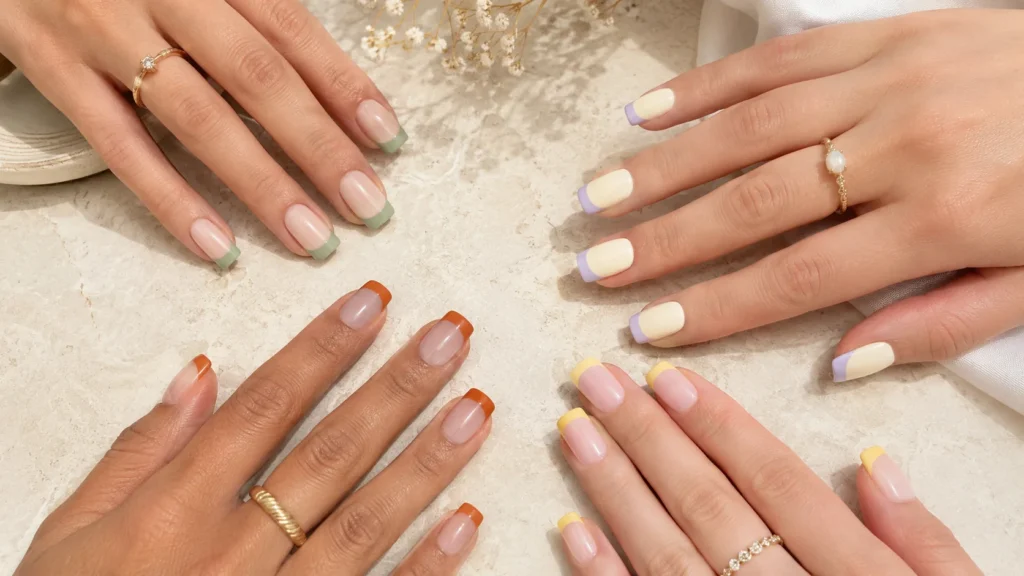 french tip nail designs 2026 – colored french tips in sage green, lavender, burnt orange, and butter yellow on nude base nails