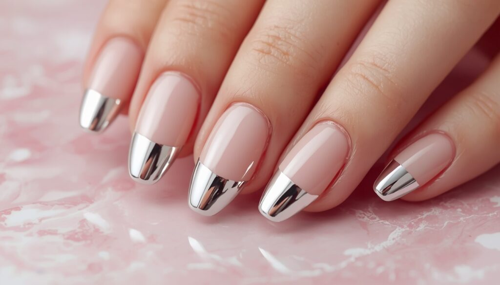 french tip nail designs 2026 – glazed chrome mirror french tip on almond shaped nails with milky nude base