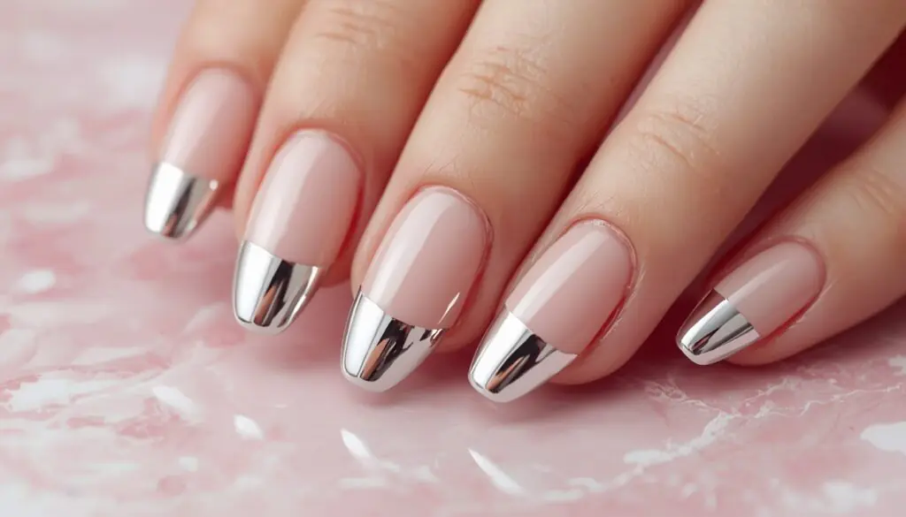 french tip nail designs 2026 – glazed chrome mirror french tip on almond shaped nails with milky nude base