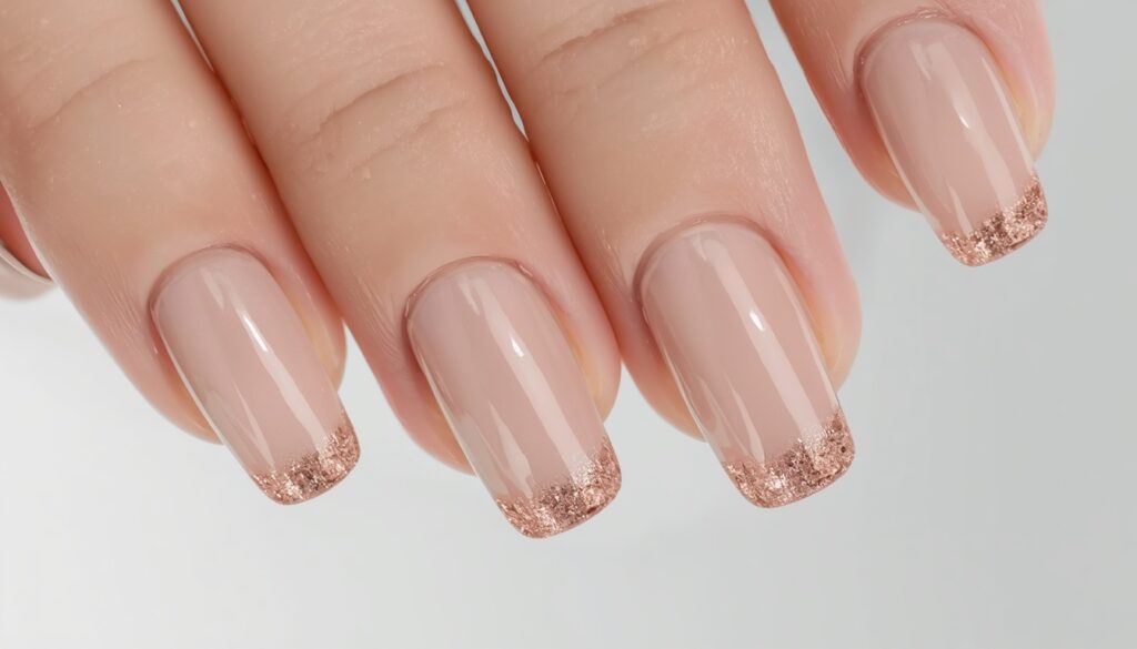 french tip nail designs 2026 – ombre gradient french tip from nude base to rose gold shimmer tip on square nails