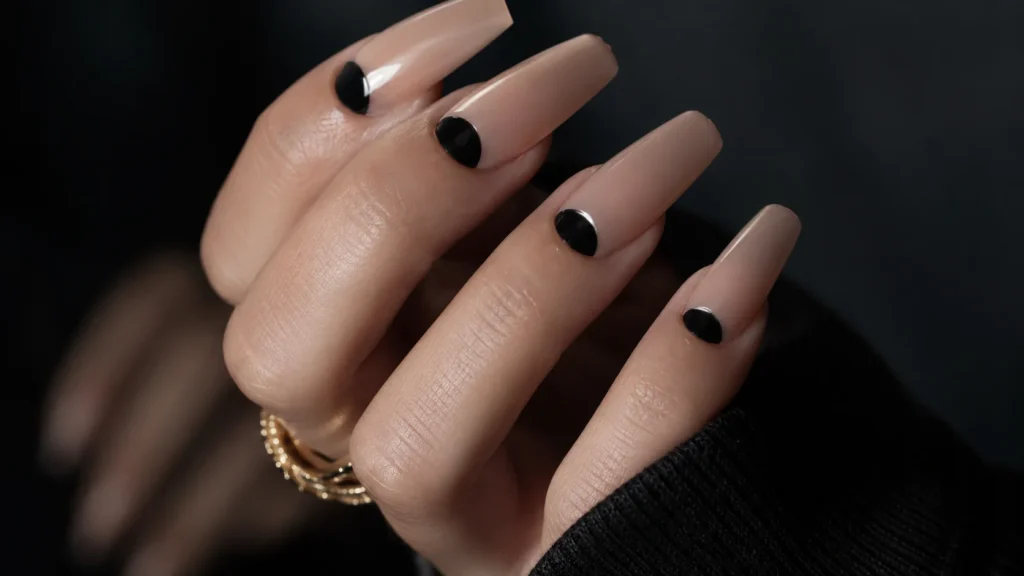 french tip nail designs 2026 – dark reverse french tip with black crescent lunula on sheer nude coffin nails editorial aesthetic