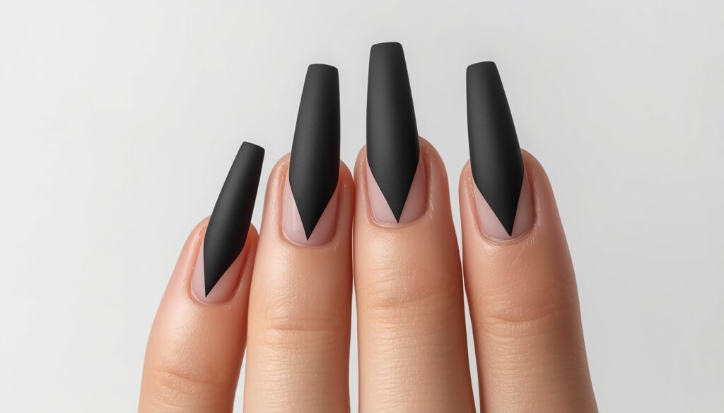 french tip nail designs 2026 – geometric V-cut french tip in matte black on coffin nails architectural high fashion nail art