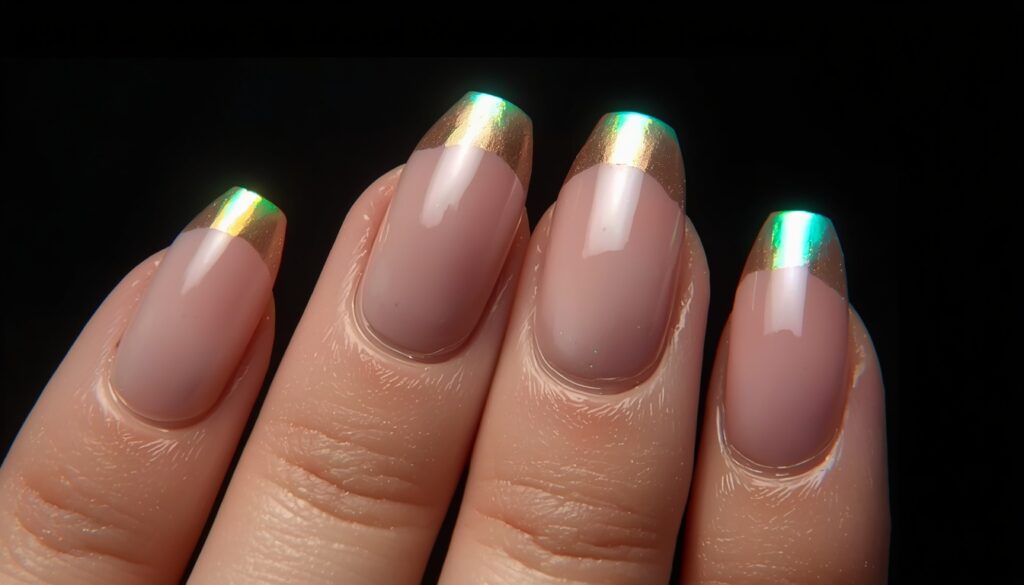 french tip nail designs 2026 – holographic duochrome foil french tip on almond nails shifting gold to green in dramatic lighting