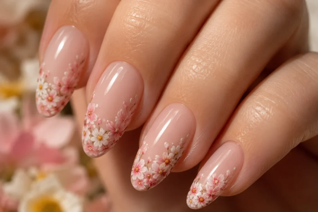 french tip nail designs 2026 – floral french tip with hand-painted white daisies and cherry blossoms on sheer almond nails cottagecore aesthetic