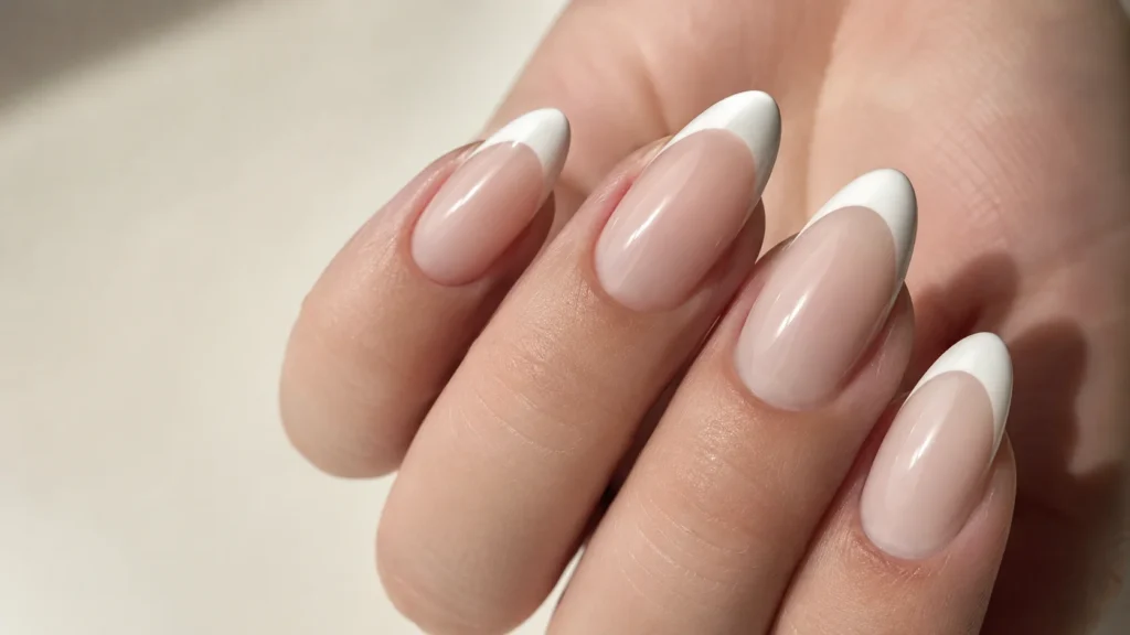 french tip nail designs 2026 – classic white french tip on perfect almond shaped nails sheer blush base glossy topcoat