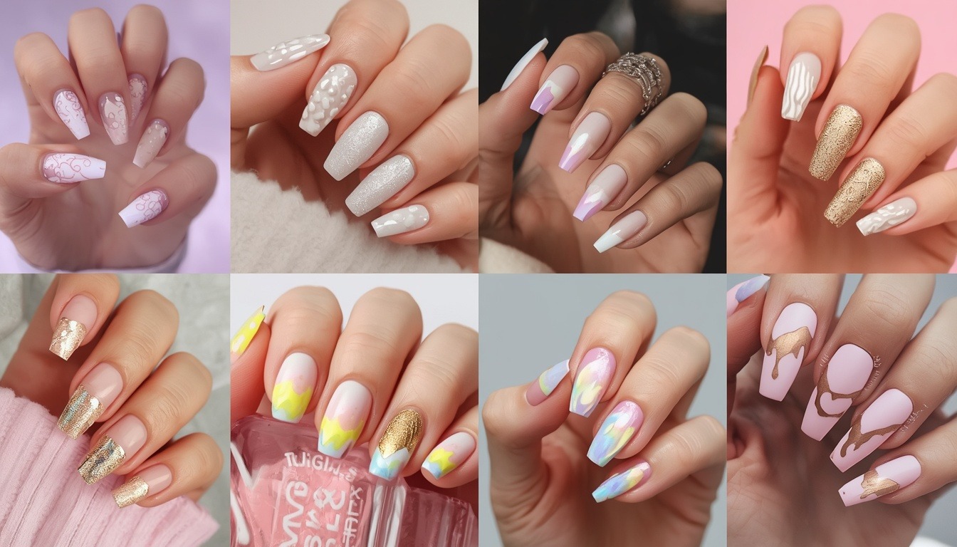 French tip nail designs 2026 collage featuring pink and white French tips, gold glitter accents, pastel ombré nails, abstract nail art, and modern coffin-shaped manicure ideas for women.
