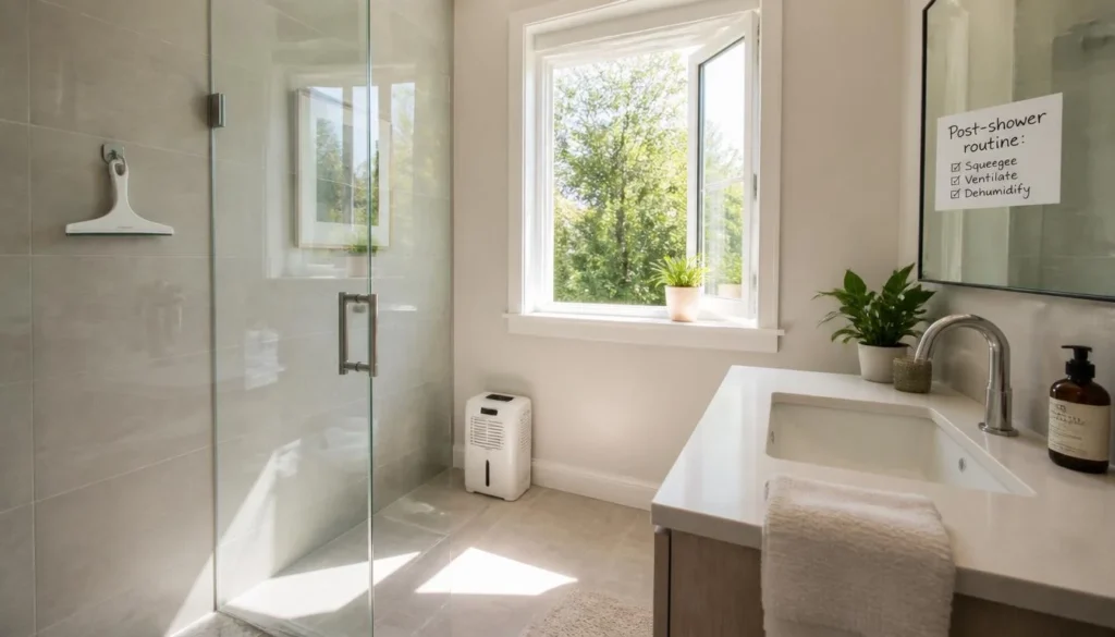 Clean mould-free bathroom with prevention tools in place — how do you get rid of mould in bathroom and keep it away