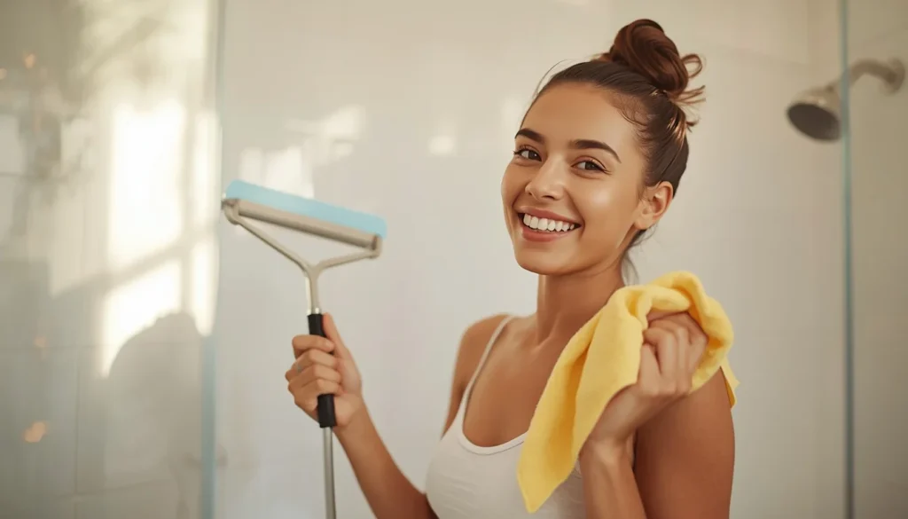Happy homeowner with clean mould-free bathroom after following how do you get rid of mould in bathroom guide