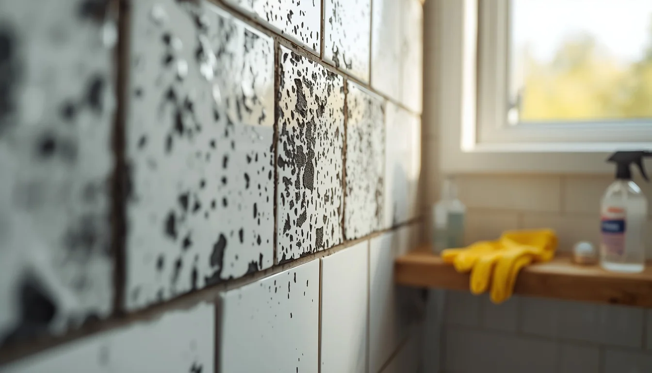 How do you get rid of mould in bathroom — black mould on bathroom tiles with cleaning supplies ready