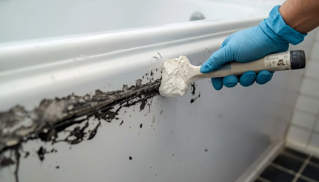 Removing mouldy silicone sealant from a bathtub — essential step when asking how do you get rid of mould in bathroom for good