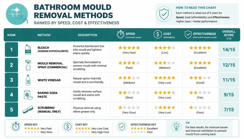 Comparison table of bathroom mould removal methods — how do you get rid of mould in bathroom guide 2026